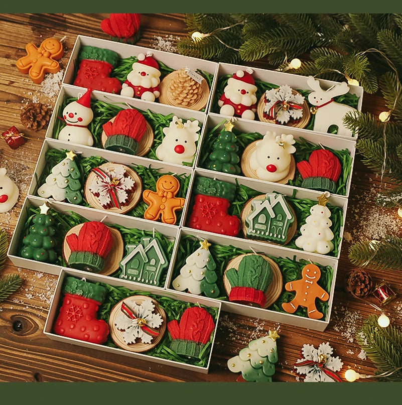 Mini-Coffret de Bougies Festives - Bonhomme de Neige/Gant/Renne blanc